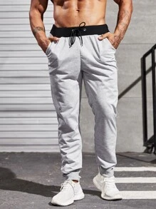 SHEIN Fitness Men Drawstring Waist Slant Pocket Sports Trousers - Light Grey - View 3