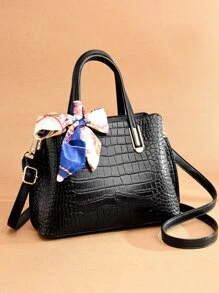 Crocodile Embossed Skinny Scarf Decor Top Handle Bag