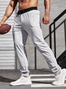 SHEIN Fitness Men Drawstring Waist Slant Pocket Sports Trousers - Light Grey - View 4