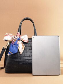 Crocodile Embossed Skinny Scarf Decor Top Handle Bag