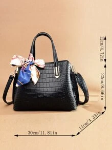 Crocodile Embossed Skinny Scarf Decor Top Handle Bag