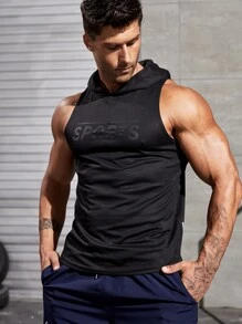 Fitness Men Letter Graphic Hooded Sports Tank Top Compression Shirt Men - Black - View 6