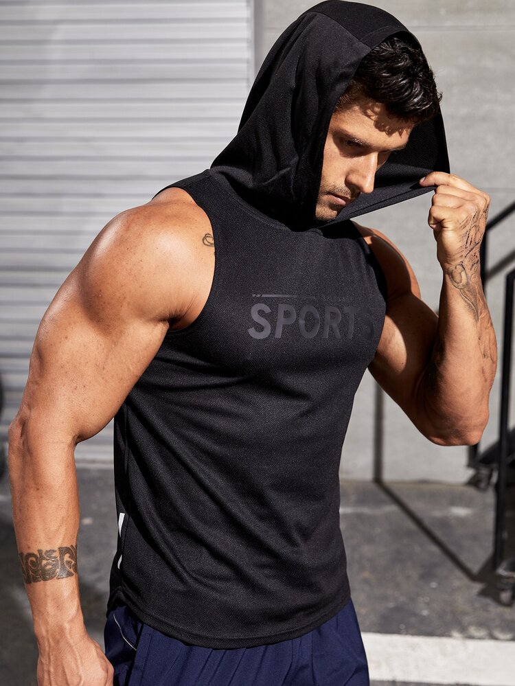 Fitness Áo thun thể thao có mũ trùm đầu in chữ dành cho nam, kiểu dáng ôm sát. - màu đen - Xem 7