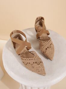 鏤空交叉尖頭芭蕾舞鞋 - 卡其色 - 查看 4