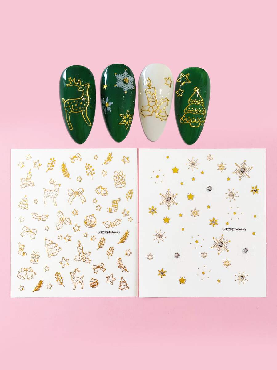 Tiebeauty 2pcs/Set Waterproof & Rhinestone Decor Nail Stickers With Four Colored Foil Stripes - Gold - View 1