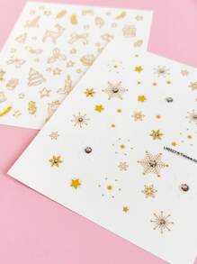 Tiebeauty 2pcs/Set Waterproof & Rhinestone Decor Nail Stickers With Four Colored Foil Stripes - Gold - View 3