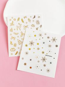 Tiebeauty 2pcs/Set Waterproof & Rhinestone Decor Nail Stickers With Four Colored Foil Stripes - Gold - View 6