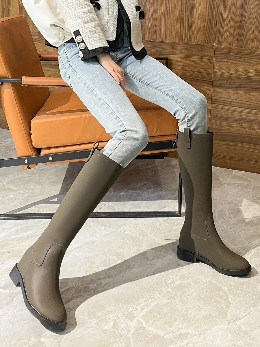 Zipper Back Riding Boots - Army Green - View 1