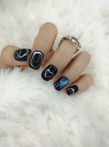 用24入組短方形黑色污跡金屬浮雕心形圖案假指甲和1入組指甲銼和1入組指甲膠帶改變您指甲 - 黑色 - 查看 5