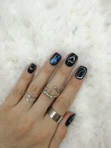 用24入組短方形黑色污跡金屬浮雕心形圖案假指甲和1入組指甲銼和1入組指甲膠帶改變您指甲 - 黑色 - 查看 6