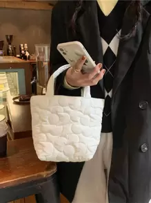 Floral Quilted Double Handle Satchel Bag - White - View 1