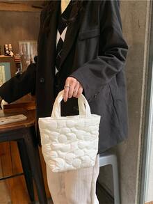 Floral Quilted Double Handle Satchel Bag - White - View 2
