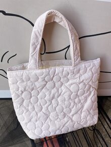 Floral Quilted Double Handle Satchel Bag - White - View 4