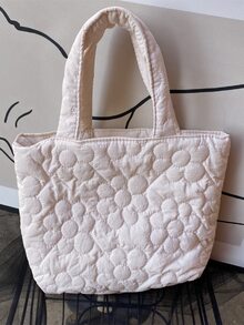 Floral Quilted Double Handle Satchel Bag - White - View 5
