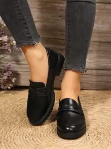 Fall/Winter 2024 Spring/Summer Thick Sole Slip-On Loafers For Women, British Style Leather Flats, Work/Casual Black Retro Real Leather Platform Oxfords - Black - View 1