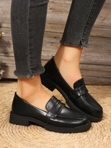 Fall/Winter 2024 Spring/Summer Thick Sole Slip-On Loafers For Women, British Style Leather Flats, Work/Casual Black Retro Real Leather Platform Oxfords - Black - View 2