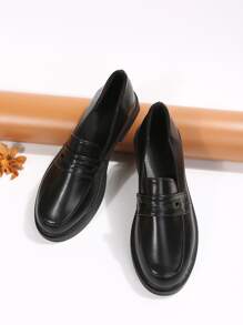 Fall/Winter 2024 Spring/Summer Thick Sole Slip-On Loafers For Women, British Style Leather Flats, Work/Casual Black Retro Real Leather Platform Oxfords - Black - View 3