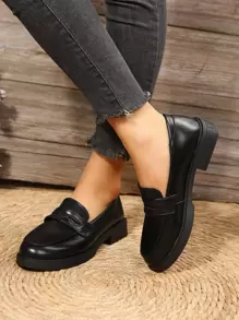 Fall/Winter 2024 Spring/Summer Thick Sole Slip-On Loafers For Women, British Style Leather Flats, Work/Casual Black Retro Real Leather Platform Oxfords - Black - View 7