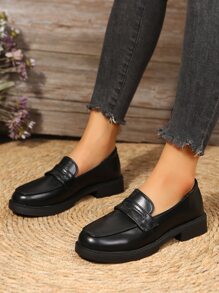 Fall/Winter 2024 Spring/Summer Thick Sole Slip-On Loafers For Women, British Style Leather Flats, Work/Casual Black Retro Real Leather Platform Oxfords - Black - View 8