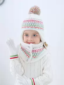 Toddler Girls Stripe Pattern Hat & Gloves & Infinity Scarf - Multicolor - View 1