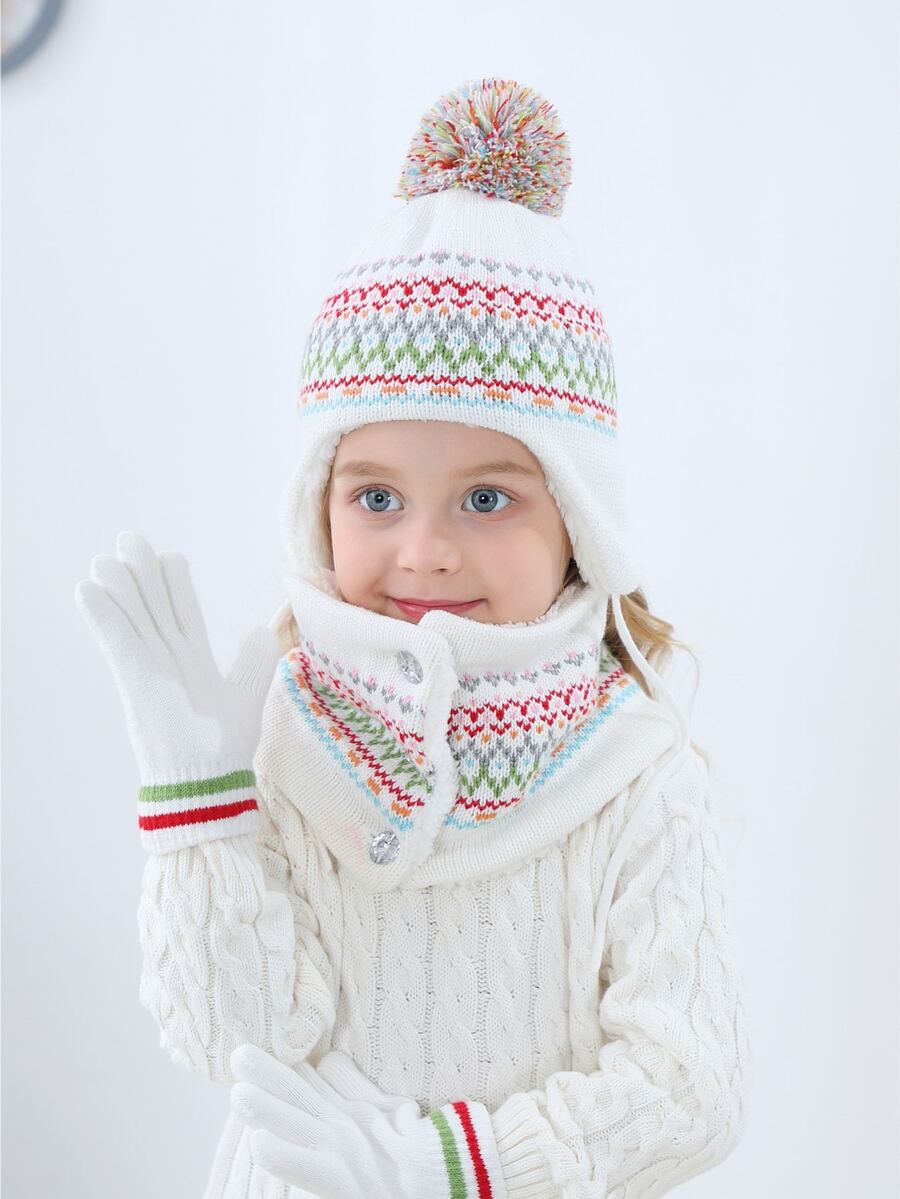 Toddler Girls Stripe Pattern Hat & Gloves & Infinity Scarf - Multicolor - View 1