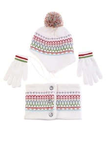 Toddler Girls Stripe Pattern Hat & Gloves & Infinity Scarf - Multicolor - View 2