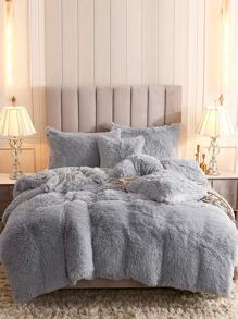 3Pcs Plain Color Bedding Plush Shaggy Duvet Cover Set Fluffy Duvet Cover With Pillowcases (1pc Fluffy Duvet Cover+2pcs Pillowcases) Bedding Set For Bedroom Guest Room King Queen Full Twin Size Christmas Gift - Light Grey - View 1