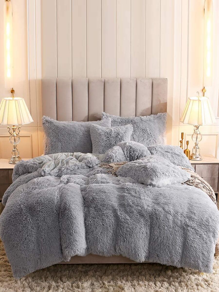3Pcs Plain Color Bedding Plush Shaggy Duvet Cover Set Fluffy Duvet Cover With Pillowcases (1pc Fluffy Duvet Cover+2pcs Pillowcases) Bedding Set For Bedroom Guest Room King Queen Full Twin Size Christmas Gift - Light Grey - View 1