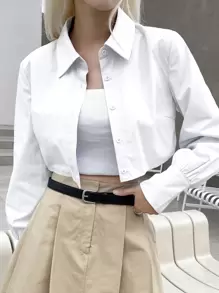 DAZY 纯色纽扣前短款衬衫，秋季服装学院风上衣长袖上衣