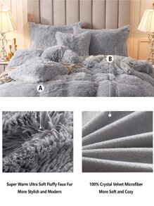 3Pcs Plain Color Bedding Plush Shaggy Duvet Cover Set Fluffy Duvet Cover With Pillowcases (1pc Fluffy Duvet Cover+2pcs Pillowcases) Bedding Set For Bedroom Guest Room King Queen Full Twin Size Christmas Gift - Light Grey - View 3