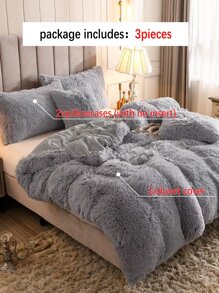 3Pcs Plain Color Bedding Plush Shaggy Duvet Cover Set Fluffy Duvet Cover With Pillowcases (1pc Fluffy Duvet Cover+2pcs Pillowcases) Bedding Set For Bedroom Guest Room King Queen Full Twin Size Christmas Gift - Light Grey - View 4