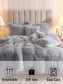 3Pcs Plain Color Bedding Plush Shaggy Duvet Cover Set Fluffy Duvet Cover With Pillowcases (1pc Fluffy Duvet Cover+2pcs Pillowcases) Bedding Set For Bedroom Guest Room King Queen Full Twin Size Christmas Gift - Light Grey - View 6