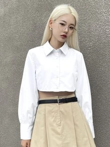 DAZY 纯色纽扣前短款衬衫，秋季服装学院风上衣长袖上衣