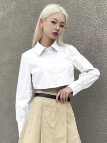 DAZY 纯色纽扣前短款衬衫，秋季服装学院风上衣长袖上衣