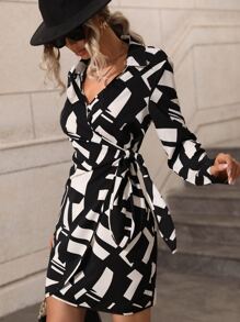 SHEIN Clasi Đầm Thắt nút Trọn gói Hình học Giải trí - Đen và trắng - Xem 5