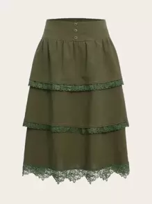 ROMWE Contrast Lace Button Skirt - Army Green - View 1