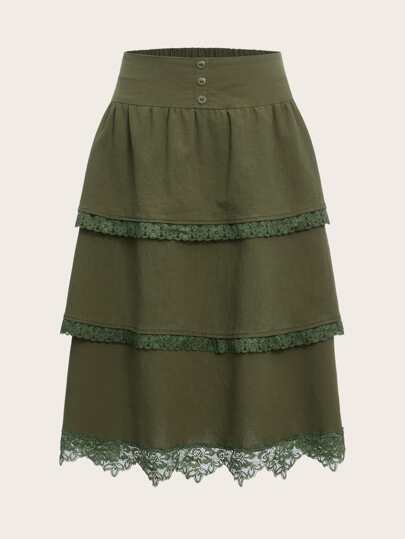 Contrast Lace Button Skirt