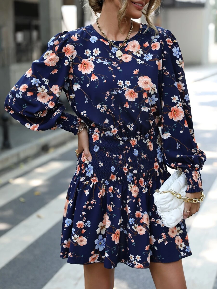 SHEIN LUNE Floral Print Bishop Sleeve Shirred Waist Dress - Navy Blue - View 1