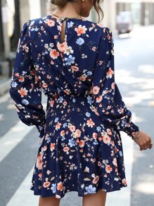 SHEIN LUNE Floral Print Bishop Sleeve Shirred Waist Dress - Navy Blue - View 2