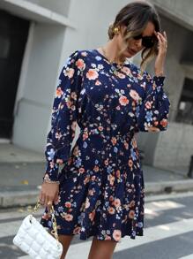 SHEIN LUNE Floral Print Bishop Sleeve Shirred Waist Dress - Navy Blue - View 3