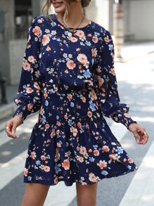 SHEIN LUNE Floral Print Bishop Sleeve Shirred Waist Dress - Navy Blue - View 4