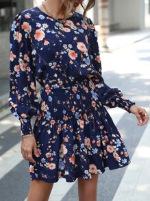 SHEIN LUNE Floral Print Bishop Sleeve Shirred Waist Dress - Navy Blue - View 6