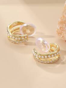 水鑽和人造珍珠裝飾夾式耳環 - 金黃色 - 查看 4