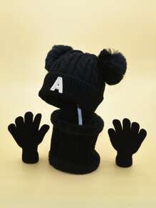 1set Children's English Letter Decor Hat, Scarf, And Gloves - Black - View 1