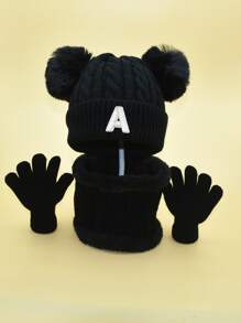 1set Children's English Letter Decor Hat, Scarf, And Gloves - Black - View 2