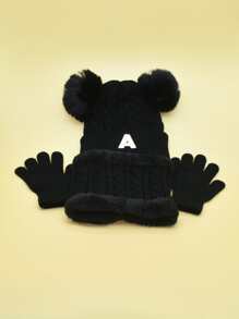 1set Children's English Letter Decor Hat, Scarf, And Gloves - Black - View 3