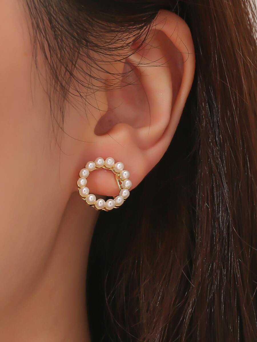 Faux Pearl Circle Decor Clip On Earrings - Multicolor - View 1
