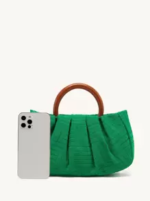 頂部提手褶飾包，綠色提花織物手提包，女士優雅手拿包（9.84X6.3X2.36）英寸
