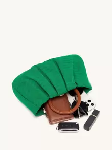 頂部提手褶飾包，綠色提花織物手提包，女士優雅手拿包（9.84X6.3X2.36）英寸