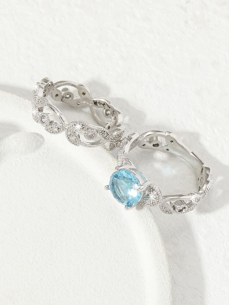 1入組方晶鋯石裝飾戒指女式派對宴會婚禮時尚禮物 - 銀色 - 查看 2